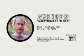 Headshot of Jakob Norberg with title of event